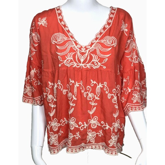 Solitaire Babydoll Boho Blouse Embroidery 3/4 Sleeve Peasant Top Coral Red Large - Picture 1 of 4